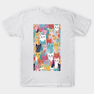 Rainbow Whisker Waltz: A Colorful Cat Pattern Dance T-Shirt